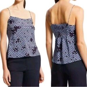 Theory Smocked 100% Silk Camisole Blue Geometric Tile Print Top NWT‎